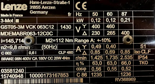 Motoreduktor / przekładnia 0,12kW 9,8obr. 3fazowy HAMULEC Lenze - zdjęcie 2