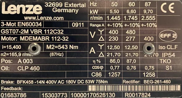 Motoreduktor / przekładnia 5,5kW 93,8obr. HAMULEC Lenze - zdjęcie 2