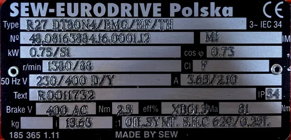 Motoreduktor / przekładnia 0,75kW 88obr. 3fazowy HAMULEC SEW - zdjęcie 2
