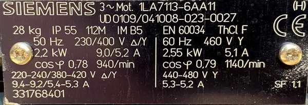 Silnik elektryczny 2,2kW 940obr. 3fazowy SIEMENS 112B5 - zdjęcie 2