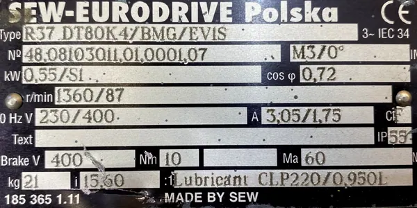 Motoreduktor / przekładnia 0,55kW 87obr. 3fazowy HAMULEC SEW - zdjęcie 2