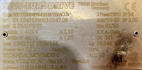 Motoreduktor / przekładnia 0,75kW 117obr. 3fazowy HAMULEC SEW - zdjęcie 2