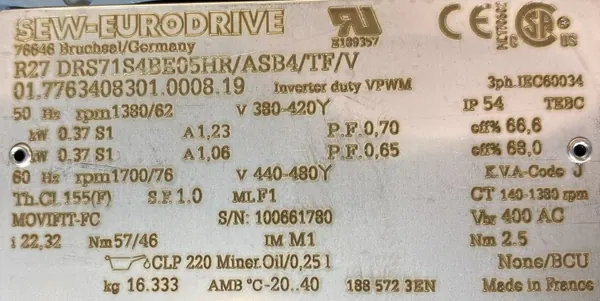 Motoreduktor / przekładnia 0,37kW 62obr. 3faz HAMULEC OBCE CHŁODZENIE SEW - zdjęcie 2