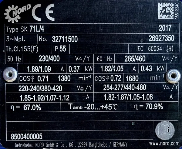 Motoreduktor / przekładnia 0,37kW 34obr. 3fazowy NORD (wał) - zdjęcie 2