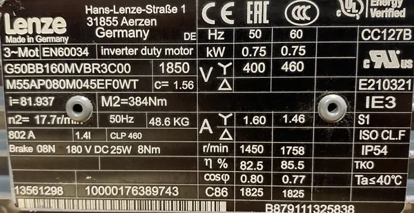 Motoreduktor / przekładnia 0,75kW 17,7obr. 3fazowy HAMULEC Lenze - zdjęcie 2