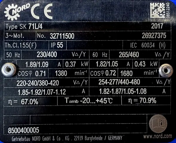 Motoreduktor / przekładnia 0,37kW 34obr. 3fazowy NORD (tuleja) - zdjęcie 2