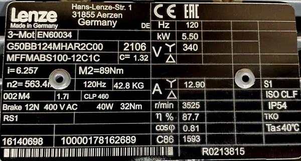 Motoreduktor / przekładnia 5,5kW 563,4obr. Lenze 120Hz 340VY - zdjęcie 2