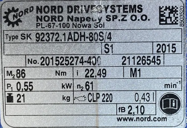 Motoreduktor / przekładnia 0,55kW 61obr. 3fazowy NORD - zdjęcie 3