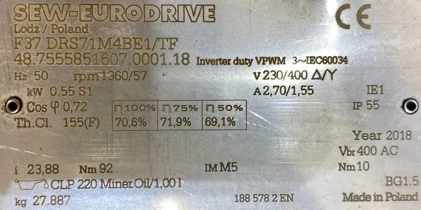 Motoreduktor / przekładnia 0,55kW 57obr. 3fazowy HAMULEC SEW - zdjęcie 2