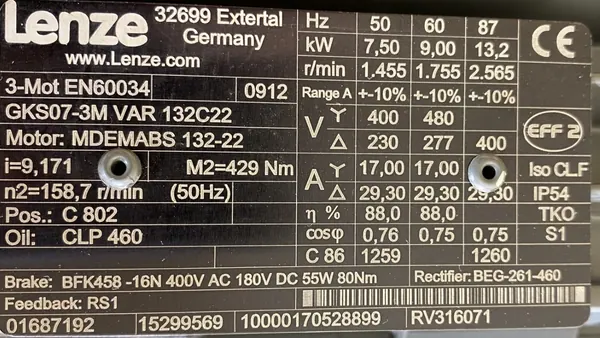 Motoreduktor / przekładnia 7,5kW 158,7obr. HAMULEC Lenze - zdjęcie 2
