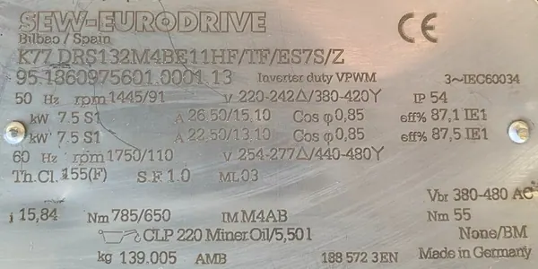 Motoreduktor / przekładnia 7,5kW 91obr. HAMULEC SEW (wał) - zdjęcie 2