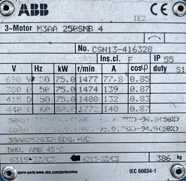 Silnik elektryczny 75kW 1480obr. 3fazowy ABB IE2 - zdjęcie 2