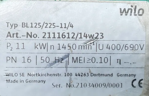 Pompa WILO 11kW 1460obr. BL125/225-11/4 - zdjęcie 3