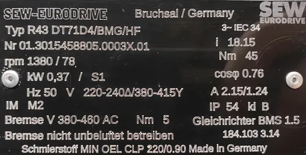 Motoreduktor / przekładnia 0,37kW 78obr. 3fazowy HAMULEC SEW - zdjęcie 2