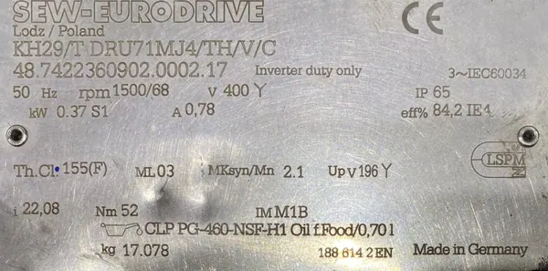Motoreduktor / przekładnia 0,37kW 68obr. 3fazowy OBCE CHŁODZENIE SEW - zdjęcie 3