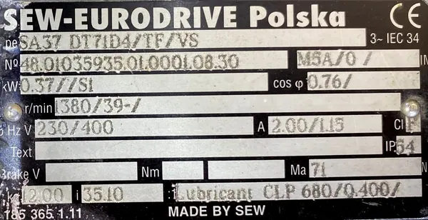 Motoreduktor / przekładnia 0,37kW 39obr. 3fazowy OBCE CHŁODZENIE SEW - zdjęcie 2