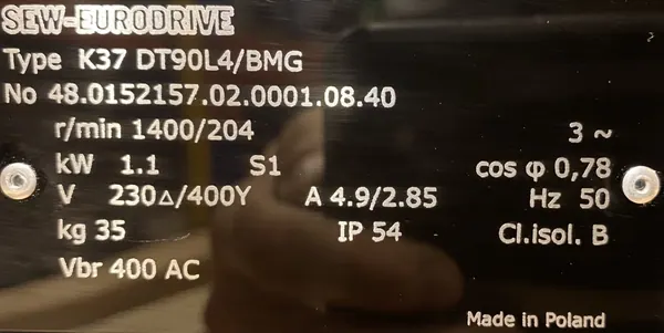 Motoreduktor / przekładnia 1,1kW 204obr. 3fazowy HAMULEC SEW - zdjęcie 2