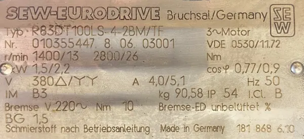 Motoreduktor / przekładnia 1,5/2,2kW 13/26obr. HAMULEC SEW - zdjęcie 2
