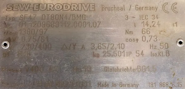 Motoreduktor / przekładnia 0,75kW 97obr. 3fazowy HAMULEC SEW - zdjęcie 2