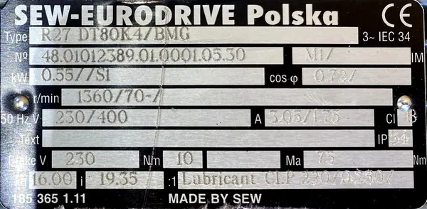 Motoreduktor / przekładnia 0,55kW 70obr. 3fazowy HAMULEC SEW - zdjęcie 2