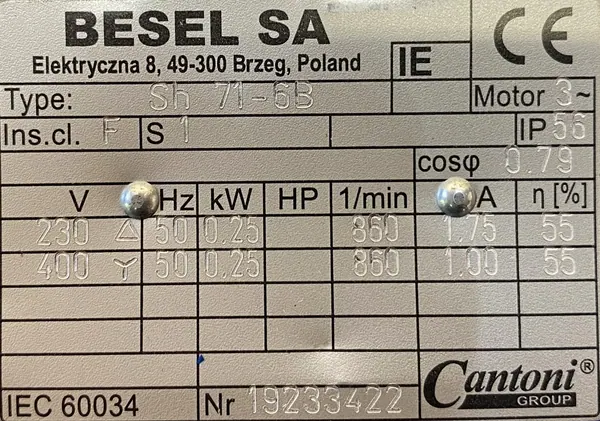 Silnik elektryczny 0,25kW 860obr. 3fazowy BESEL - zdjęcie 2
