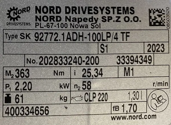 Motoreduktor / przekładnia 2,2kW 58obr. NORD - zdjęcie 3