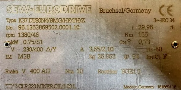 Motoreduktor / przekładnia 0,75kW 46obr. 3fazowy HAMULEC SEW - zdjęcie 2