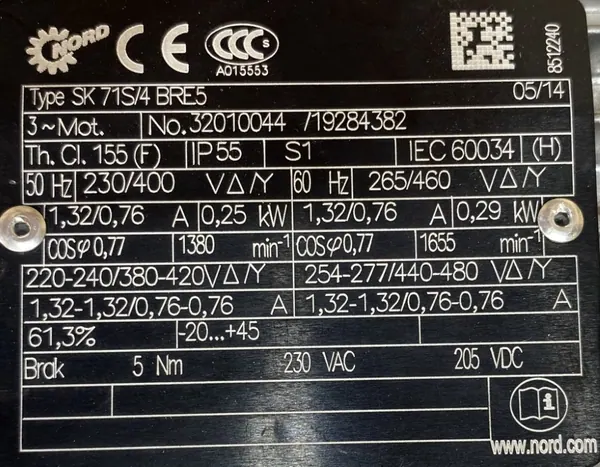 Motoreduktor / przekładnia 0,25kW 17obr. 3fazowy HAMULEC NORD - zdjęcie 2