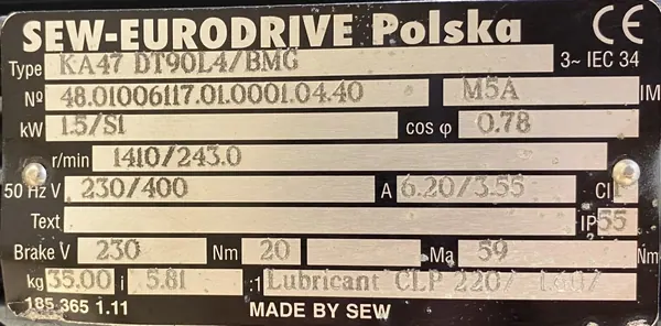 Motoreduktor / przekładnia 1,5kW 243obr. HAMULEC SEW - zdjęcie 2