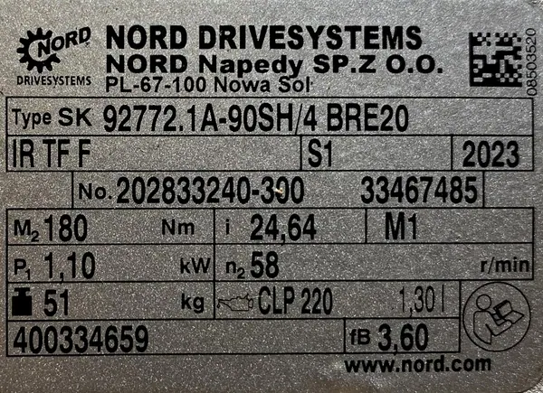 Motoreduktor / przekładnia 1,1kW 58obr. HAMULEC OBCE CHŁODZENIE NORD - zdjęcie 3