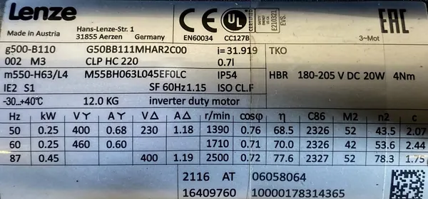 Motoreduktor / przekładnia 0,25kW 43,5obr. 3fazowy HAMULEC Lenze - zdjęcie 2