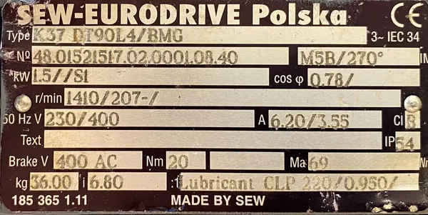 Motoreduktor / przekładnia 1,5kW 207obr. HAMULEC SEW - zdjęcie 2