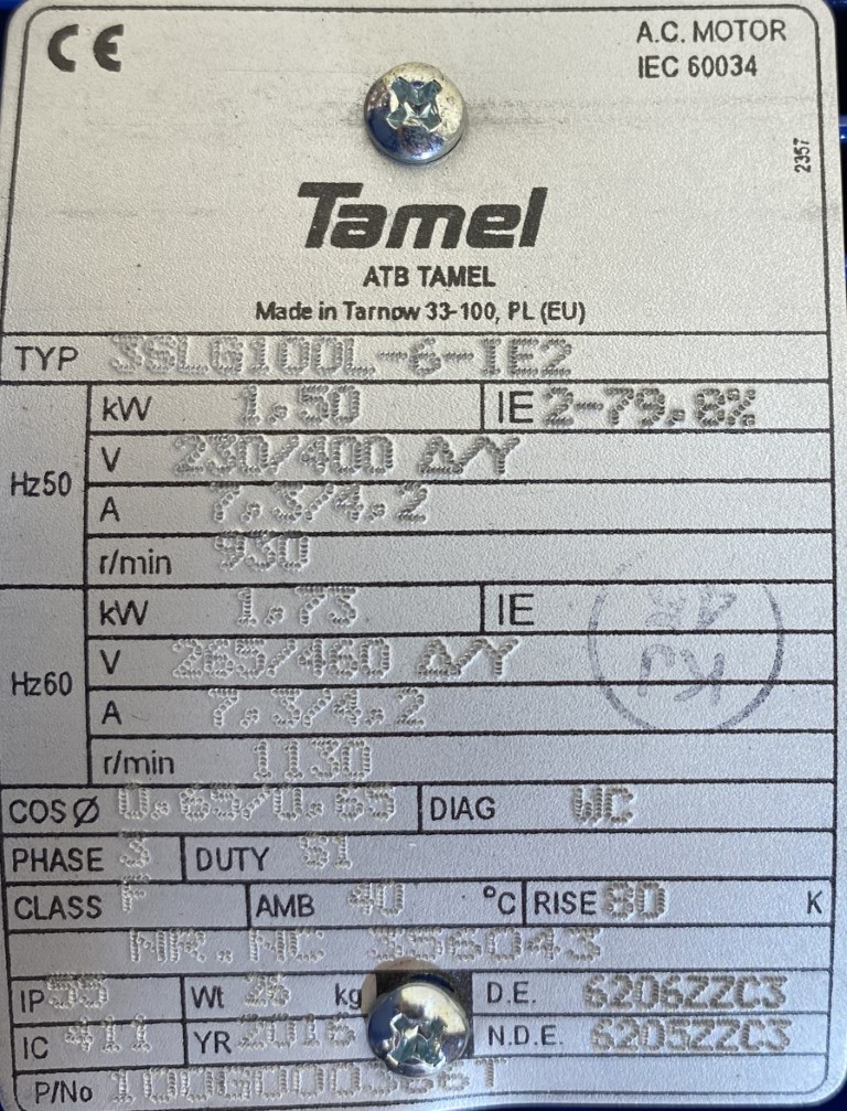 silnik elektryczny 1,5kW 930obr. 3fazowy Tamel IE2 - zdjęcie 2