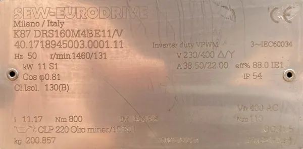 Motoreduktor / przekładnia 11kW 131obr. HAMULEC OBCE CHŁODZENIE SEW - zdjęcie 3
