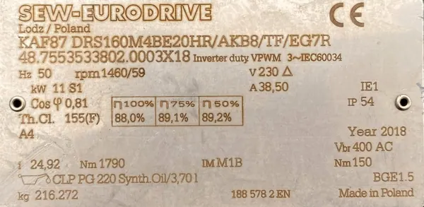 Motoreduktor / przekładnia 11kW 59obr. HAMULEC SEW (tacho) - zdjęcie 3