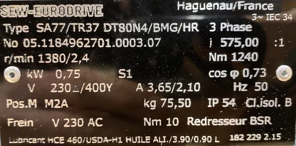 Motoreduktor / przekładnia 0,75kW 2,4obr. 3fazowy HAMULEC SEW - zdjęcie 2