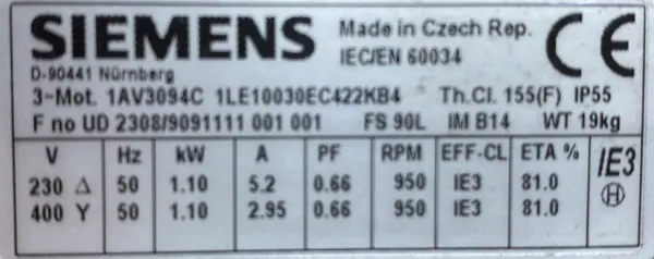 Silnik elektryczny 1,1kW 950obr. 3fazowy SIEMENS IE3 - zdjęcie 2