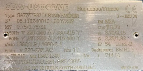Motoreduktor / przekładnia 0,75kW 1,9obr. 3fazowy HAMULEC SEW - zdjęcie 2