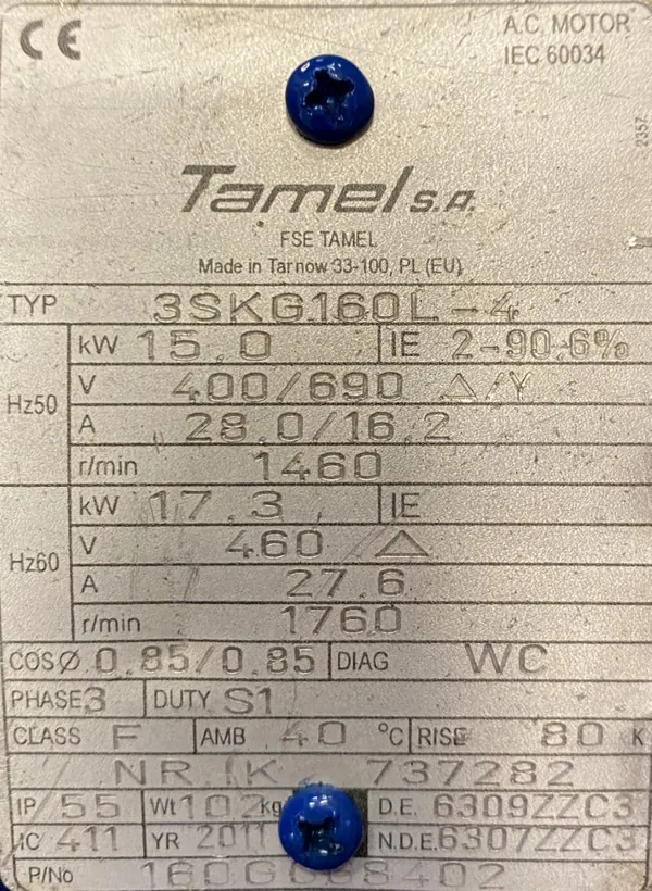 Silnik elektryczny 15kW 1460obr. 3fazowy Tamel IE2 - zdjęcie 2