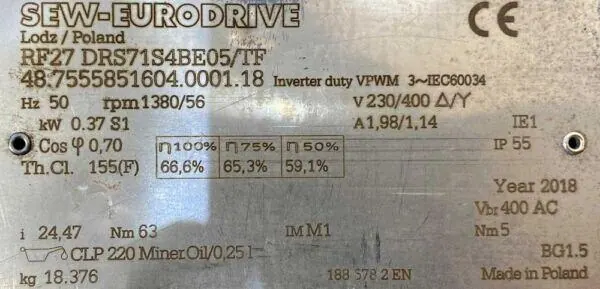Motoreduktor / przekładnia 0,37kW 56obr. 3fazowy HAMULEC SEW - zdjęcie 2