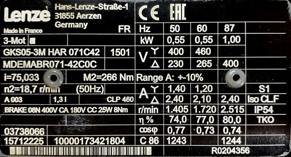 Motoreduktor / przekładnia 0,55kW 18,5obr. 3fazowy HAMULEC Lenze - zdjęcie 2