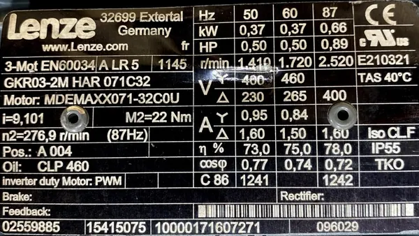 Motoreduktor / przekładnia 0,37kW 154,9obr. 3fazowy Lenze - zdjęcie 2
