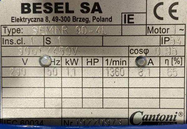 Silnik elektryczny 1,1kW 1360obr. 1fazowy 230V BESEL - zdjęcie 2