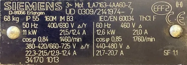 Silnik elektryczny 11kW 1460obr. 3fazowy SIEMENS - zdjęcie 2