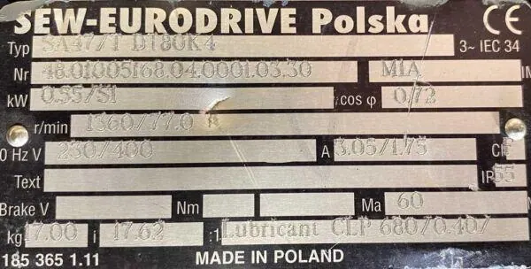 Motoreduktor / przekładnia 0,55kW 77obr. 3fazowy SEW - zdjęcie 2