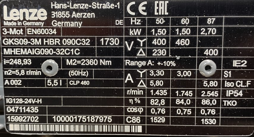 motoreduktor / przekładnia 1,5kW 5,8obr. HAMULEC Lenze - zdjęcie 2
