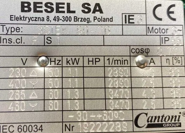 Silnik elektryczny 1,1kW 2890obr. 3fazowy BESEL IE3 - zdjęcie 2