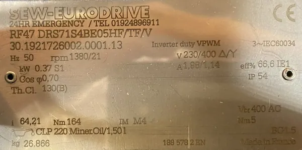 Motoreduktor / przekładnia 0,37kW 21obr. 3fazowy OBCE CHŁODZENIE SEW - zdjęcie 2