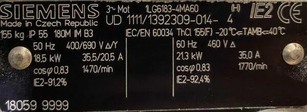 Silnik elektryczny 18,5kW 1470obr. 3fazowy SIEMENS IE2 - zdjęcie 2