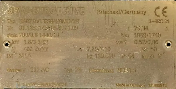 Motoreduktor / przekładnia 1,8/3,3kW 8,8/18obr. HAMULEC SEW - zdjęcie 2